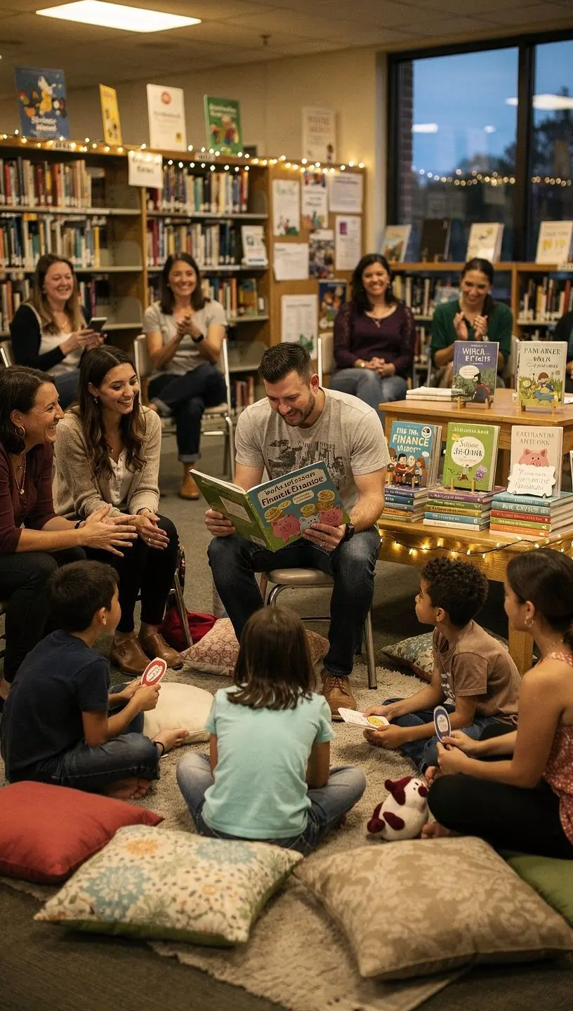 Személyes pénzügyi tanácsadás és könyvtári partnerség vizuális ábrázolása.