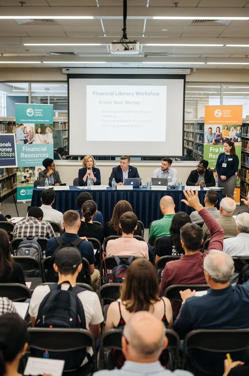 Olvasó nő tanulmányoz pénzügyi könyveket egy könyvtárban.