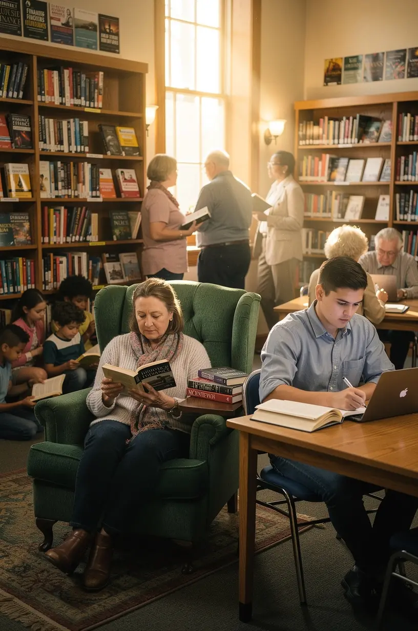 Könyvtári dolgozó ajánlja pénzügyi könyvcsomagokat látogatóknak.