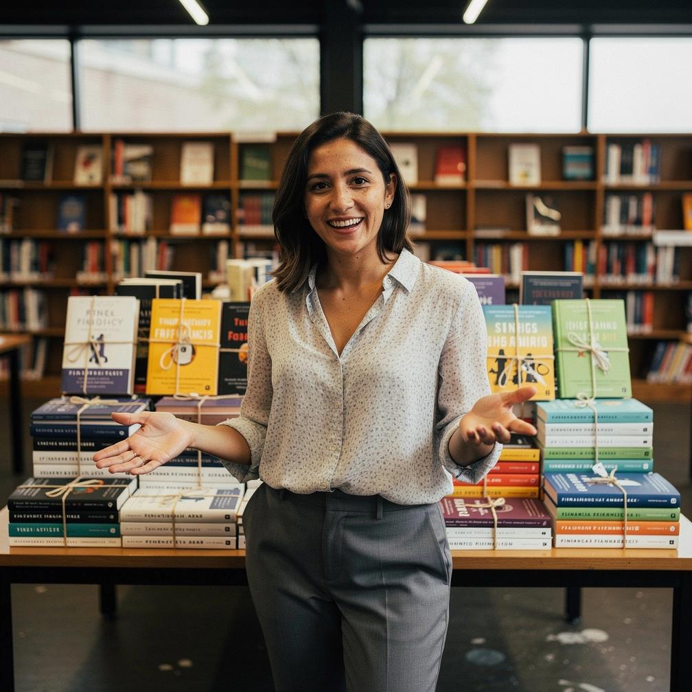 Pénzügyi könyveket tartalmazó válogatott csomagok polcon, helyi könyvtár közreműködésével.